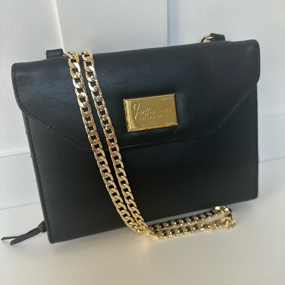 Vintage Fred Hayman Beverly Hills Black Leather Clutch - Gold Interior - USA